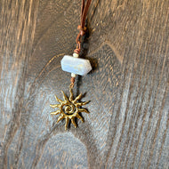 Copper Wrapped Blue Lace Agate Necklace with Golden Sun