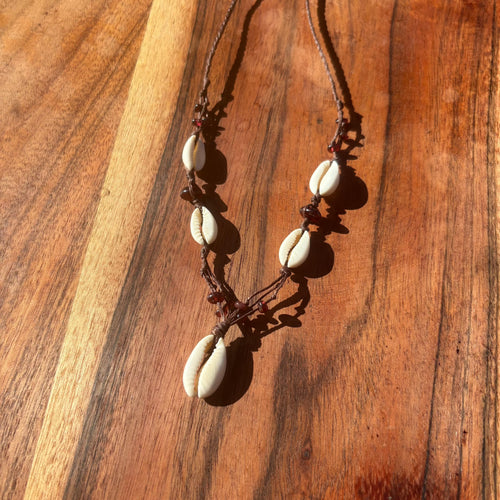 Handmade Cowrie Shell  and Garnet Macrame Necklace