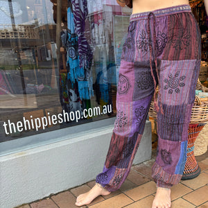 Purple Hippie Patch Pants ~ Elastic Ankles