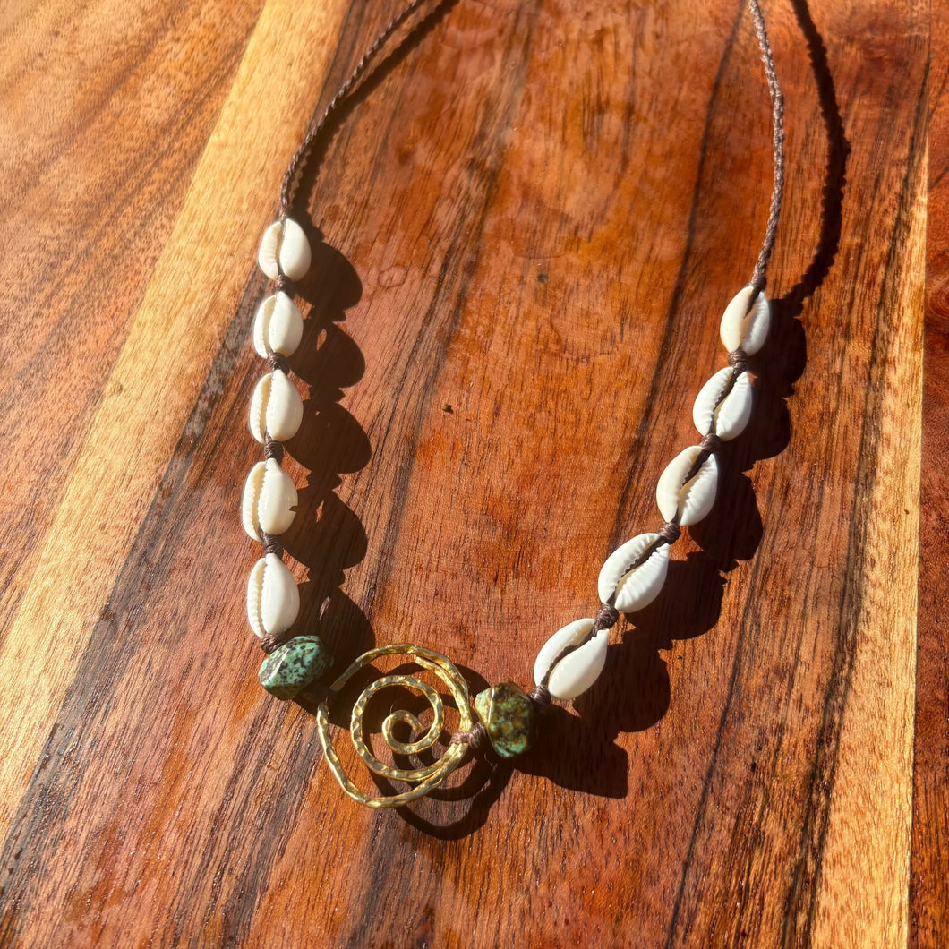 Handmade Cowrie Shell and Tibetan Turquoise Macrame Necklace
