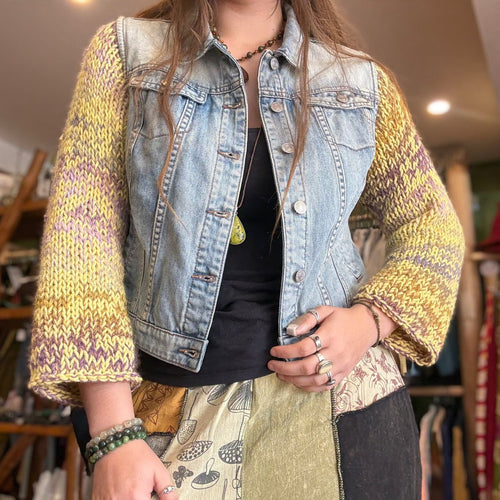Up-cycled Denim Vest with Knitted Sleeves