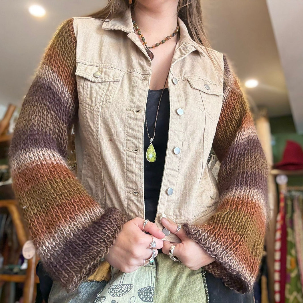Up-cycled Denim Vest with Knitted Sleeves