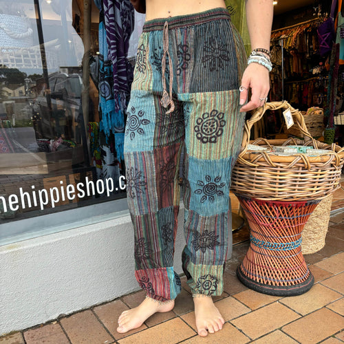 Blue Hippie Patch Pants ~ Elastic Ankles