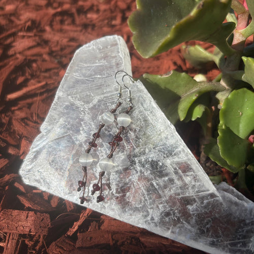 Selenite ans Garnet Handmade Drop Earrings