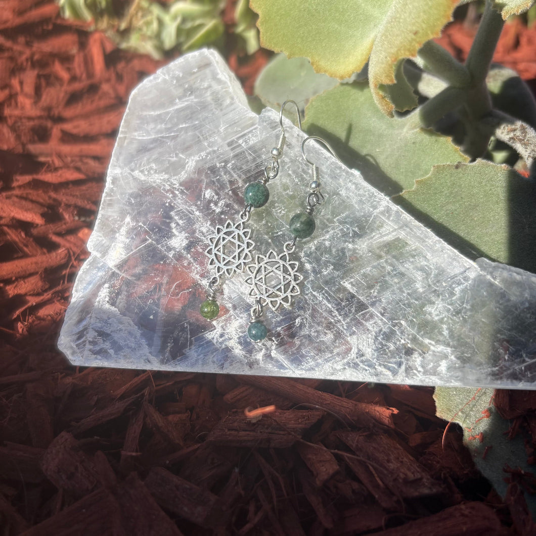 Moss Agate and Heart Chakra charm Handmade Drop Earrings