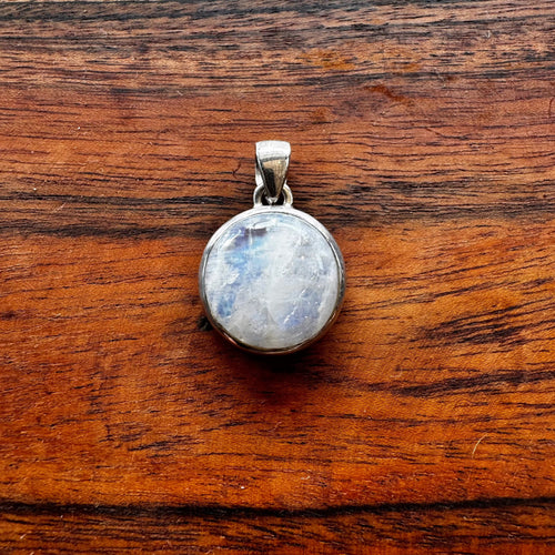 Round Rainbow Moonstone Solid Sterling Silver Pendant
