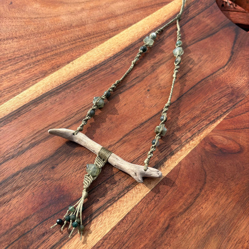 Drift Wood, Prehnite and Indian Agate Macrame Necklace
