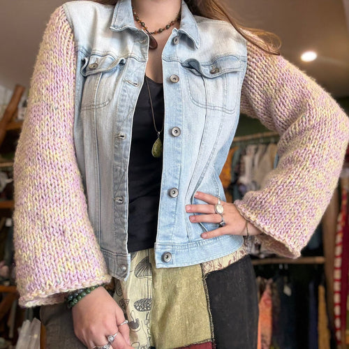 Up-cycled Denim Vest with Knitted Sleeves