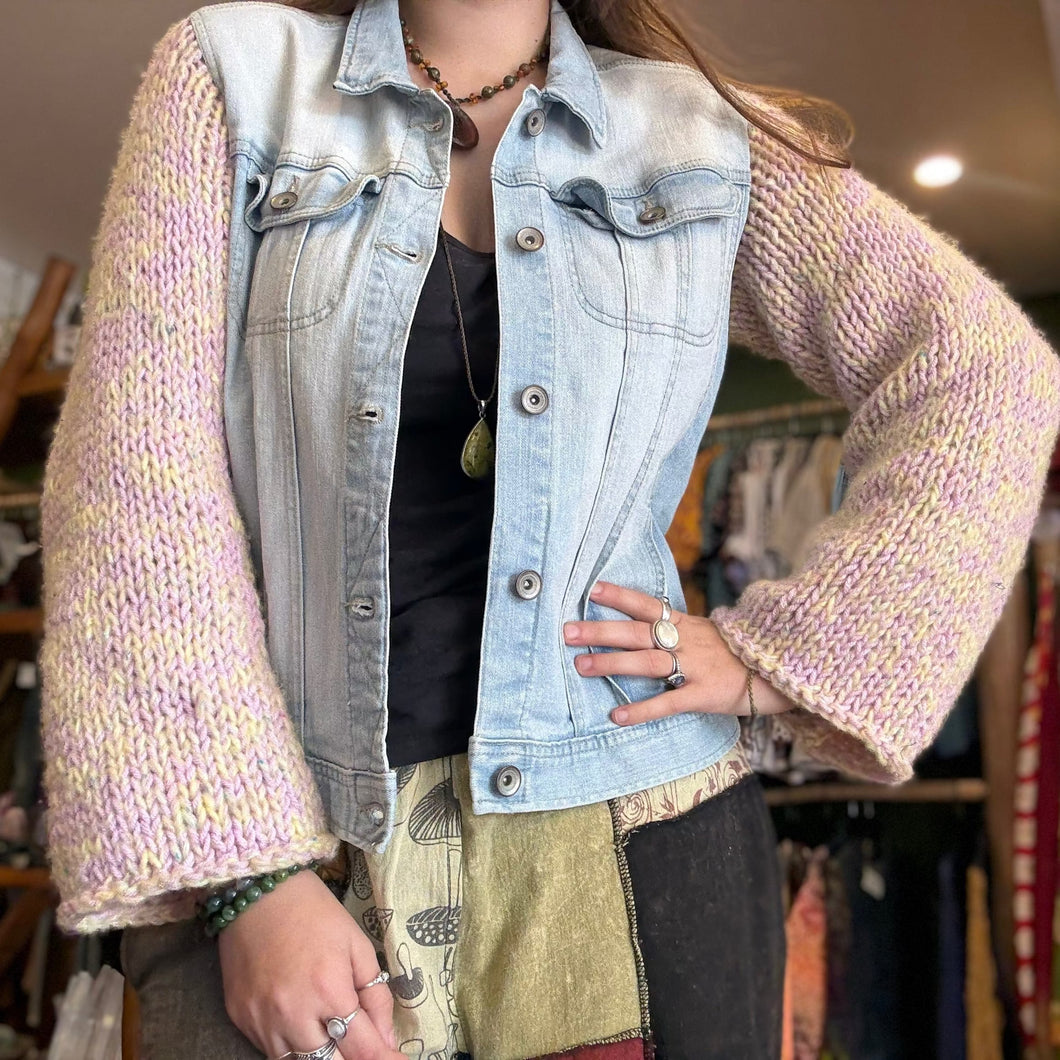 Up-cycled Denim Vest with Knitted Sleeves