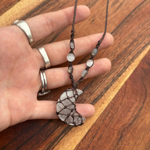 Clear Quartz Moon Handmade Macrame Necklace