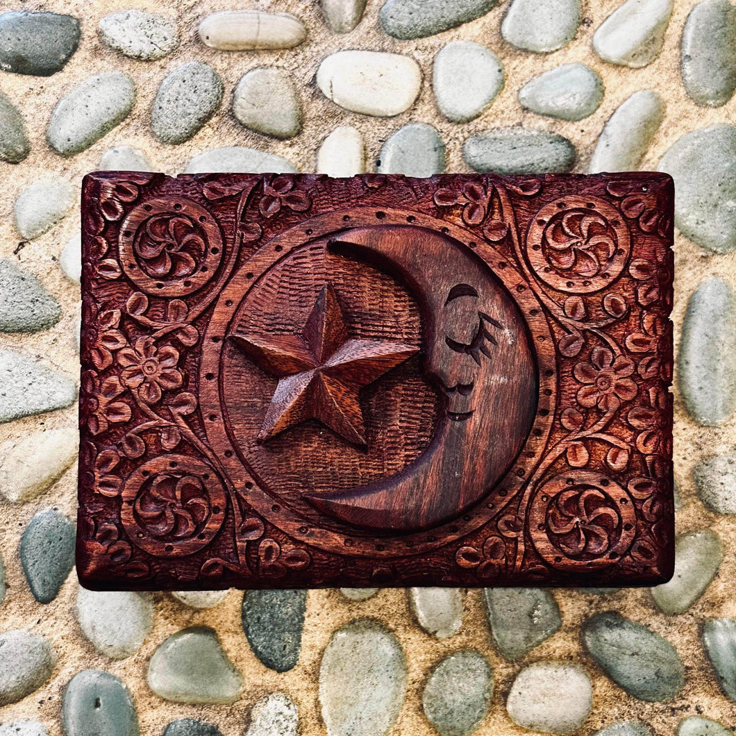 Moon & Star Carved Timber Box