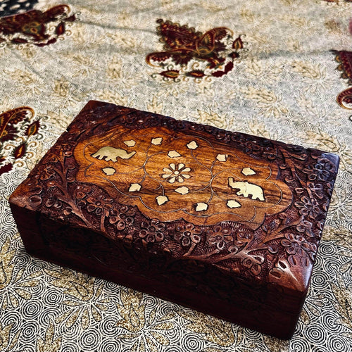 Carved Mandala brass Elephant Timber Box