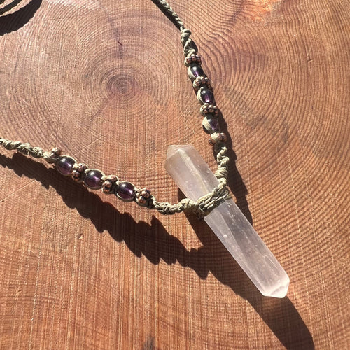 Selenite Point & Amethyst Macrame Necklace