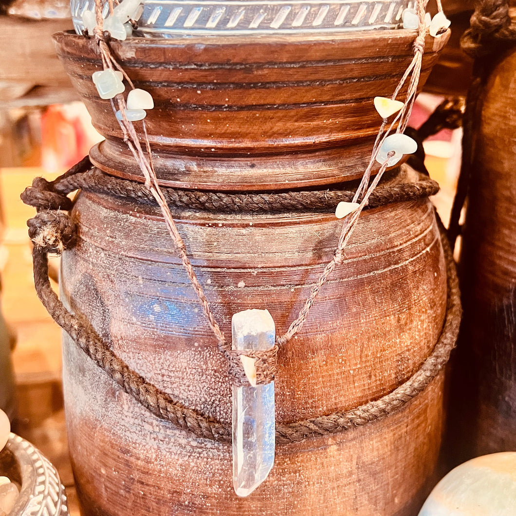 Himalayan Quartz & Aquamarine Macrame Handmade Pendant