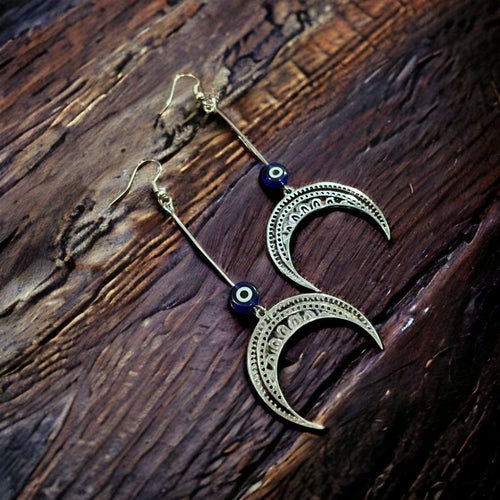 Evil Eye & Crescent Moon Handmade Drop Earrings
