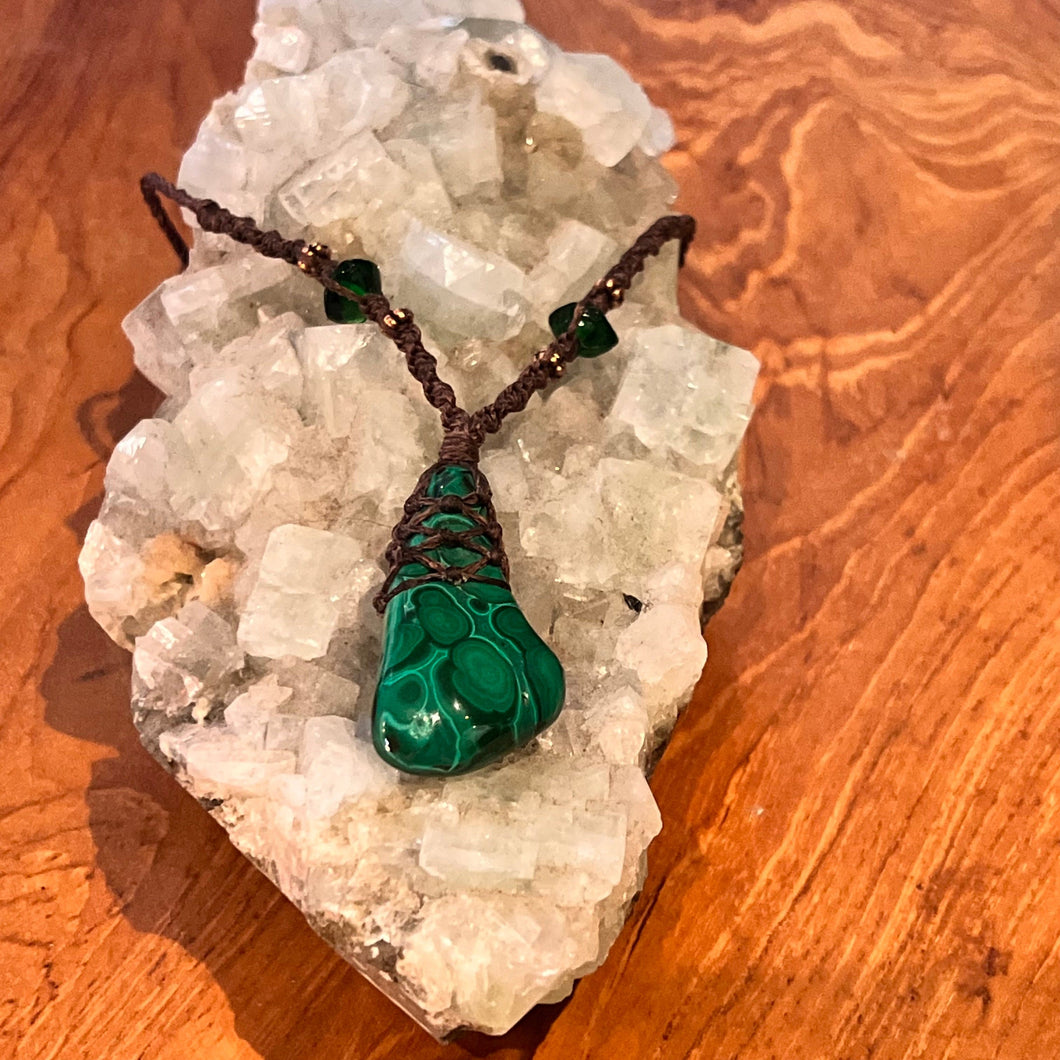 Handmade Malachite Tumble Stone Macrame Pendant