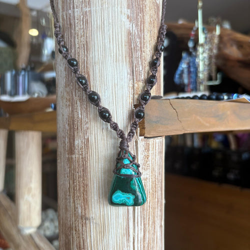 Handmade Malachite in Chrysocolla Macrame Necklace