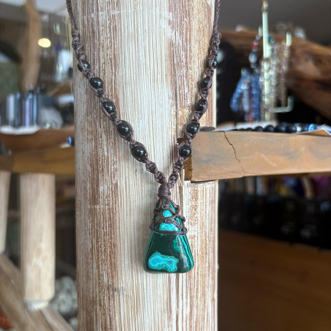 Handmade Malachite in Chrysocolla Macrame Necklace