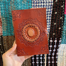 Load image into Gallery viewer, Leather journal with Brown Goldstone Gemstone
