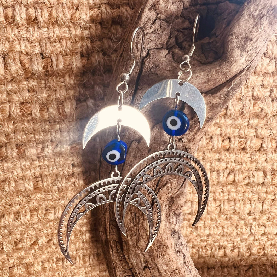Handmade Crescent Moon and Evil Eye Earrings