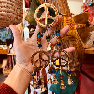Peace Sign Hanging Bells - Glass Beads - Golden Colour